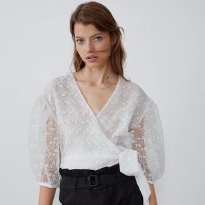 NWT Zara Sheer Embroidered Puff Sleeve Wrap Top